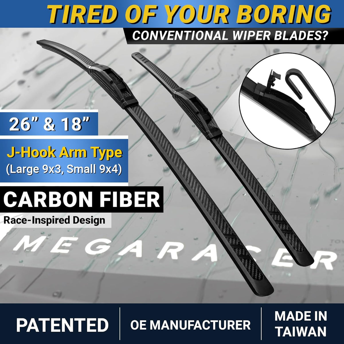 Premium Silicone Carbon Fiber Windshield Wiper Blades 22" & 20" - Patented All-Season, Quiet & Smooth Streak-Free Clean Wipe, OEM Quality, Front Automotive Replacement Wipers for Car & Truck (2 Pack)