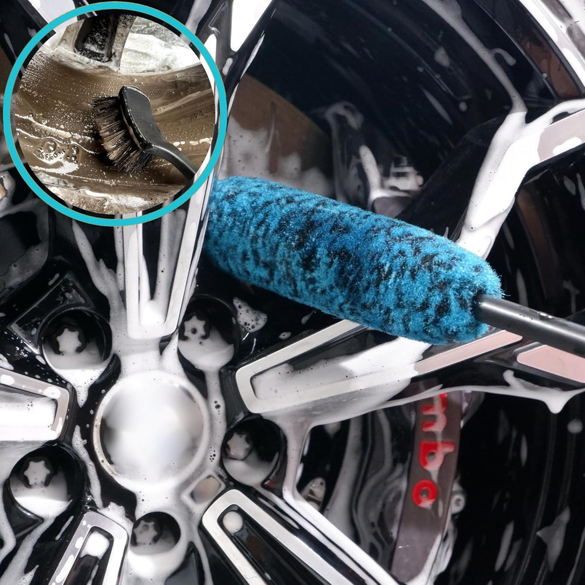 oesee Professional 4 Pack Long Handle Wheel Brush Kit for Cleaning Wheel and Tire- 2X Soft Wheel Cleaning Brush, Detailing Brush and Stiff Tire Brush, Bendable& Durable Wheel Rim Cleaner Brush Set