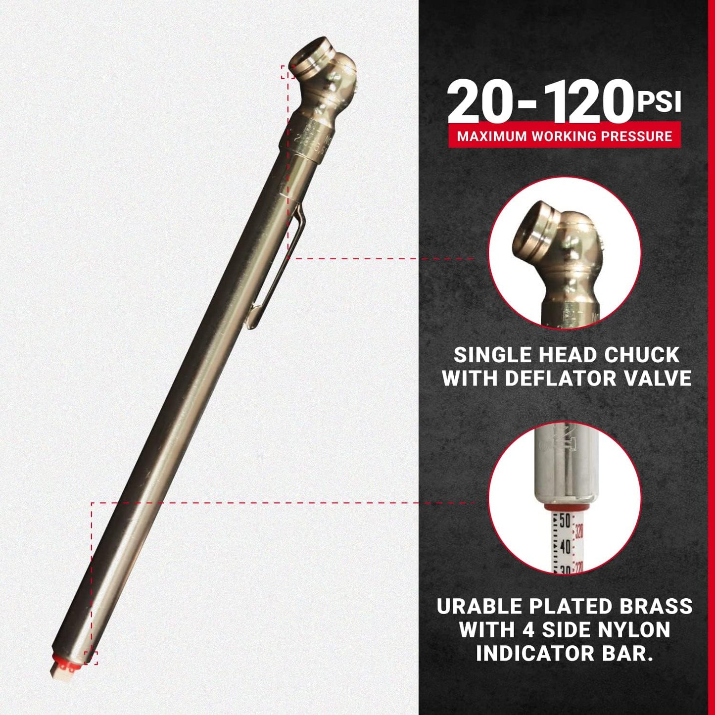 Milton S-925 Pencil Tire Pressure Gauge for Trucks, RV’s & Bicycle Tires, Single Head Chuck with Built-in Deflator Valve, Durable Plated Brass, Pressure Measured in PSI & kPa