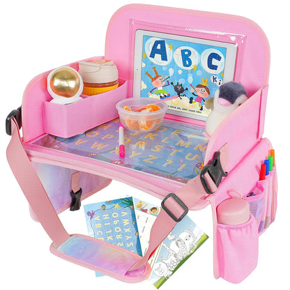 MENZOKE Kids Travel Tray for Toddler Car Seat, Road Trip Activities for Kids with iPad Holder Stand & Dry Erase Board, Road Trip Essentials Accessories Lap Tray as Travel Gifts for Kid, Pink