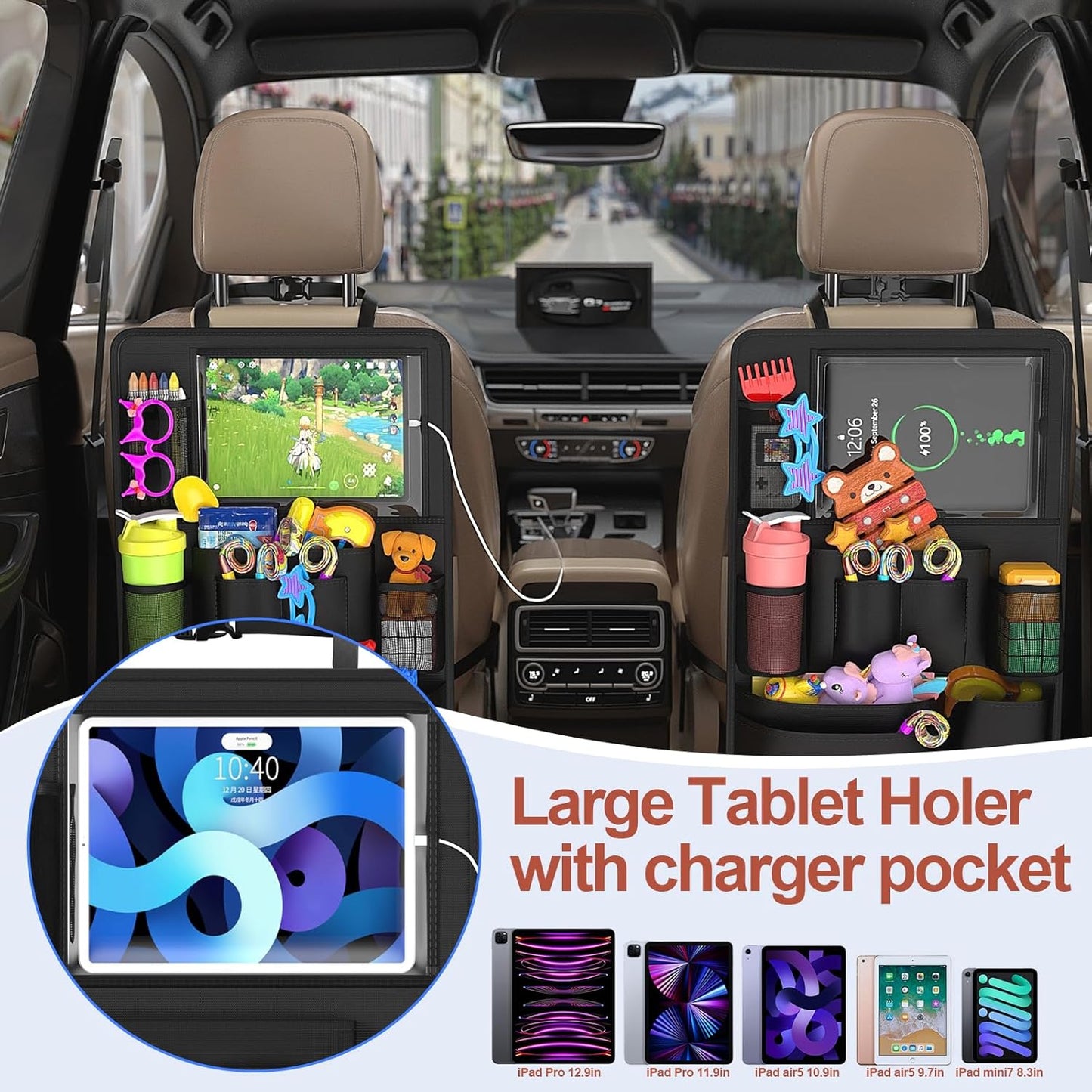 Car Backseat Organizer with table Tray(1Pack) 9 Storage Pockets Backseat Car Organizer with Tablet Holder, Back seat Organizer for Kids Road Trip Essentials Travel