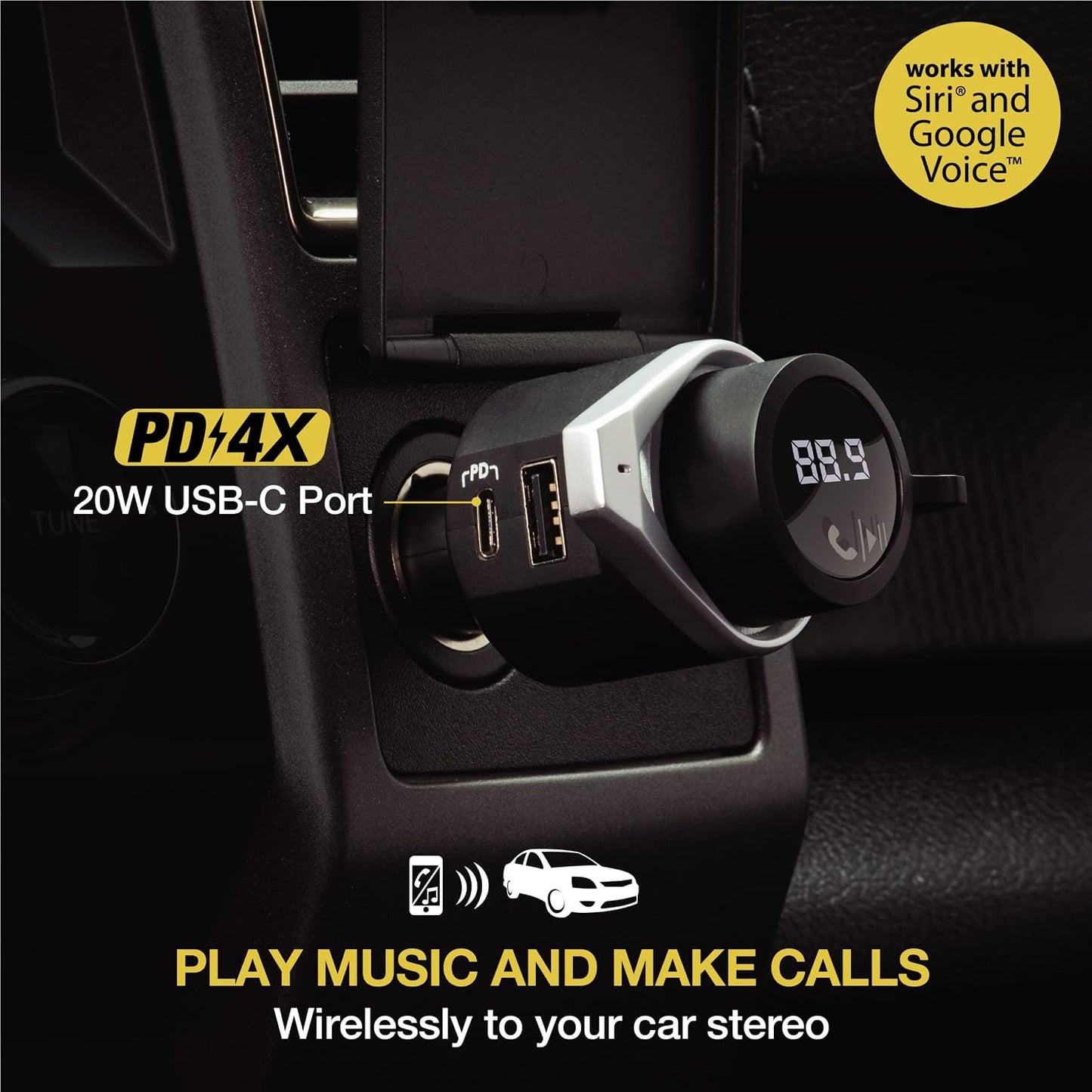 Scosche BTFM9 FM Bluetooth Transmitter Car, Dual 12W USB-C and USB-A Charging Ports, Fast Type C Car Charger, Wireless Radio Bluetooth Adapter, Hands-Free Kit for Calls, Siri and Google Assistant