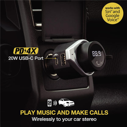 Scosche BTFM9 FM Bluetooth Transmitter Car, Dual 12W USB-C and USB-A Charging Ports, Fast Type C Car Charger, Wireless Radio Bluetooth Adapter, Hands-Free Kit for Calls, Siri and Google Assistant