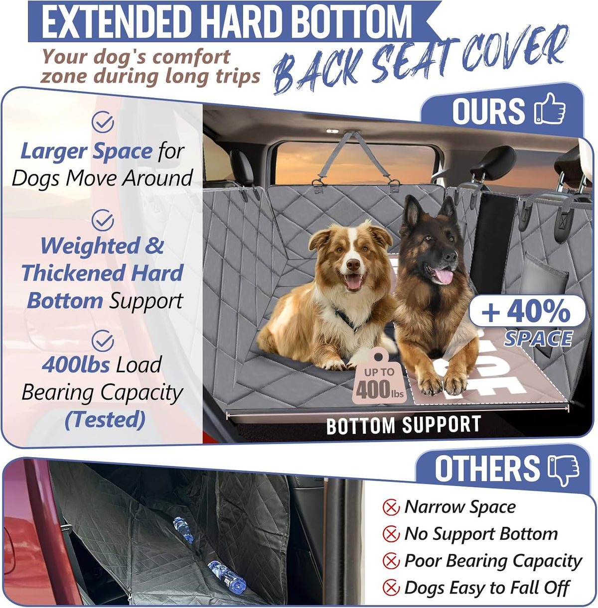 Back Seat Extender for Dogs-Large Space, Dog Car Seat Cover Hard Bottom Holds 420lbs, Sturdy Backseat Extender for Dogs,Upgraded Waterproof Pet Car Bed Dog Hammock for Car, SUV,Truck, Black