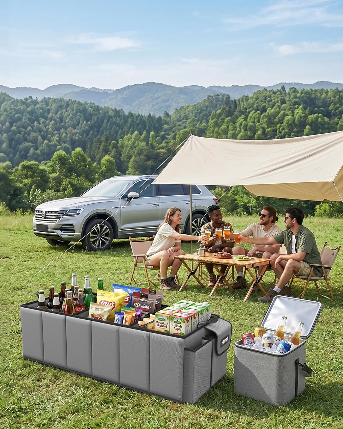 HOTOR Trunk Organizer, Sturdy Foldable with Cooler for Car & SUV, 3 Compartments, Black, 30.90”×12.60”×10.63”