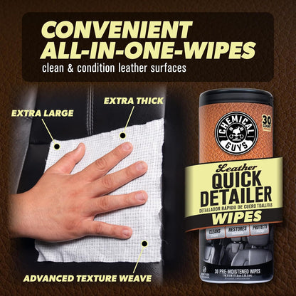 Chemical Guys Leather Quick Detailer Wipes in Canister (30 ct) (2 Pack) – Easy-Clean Conditioning Wipes for Leather Seats, Interiors & Accessories