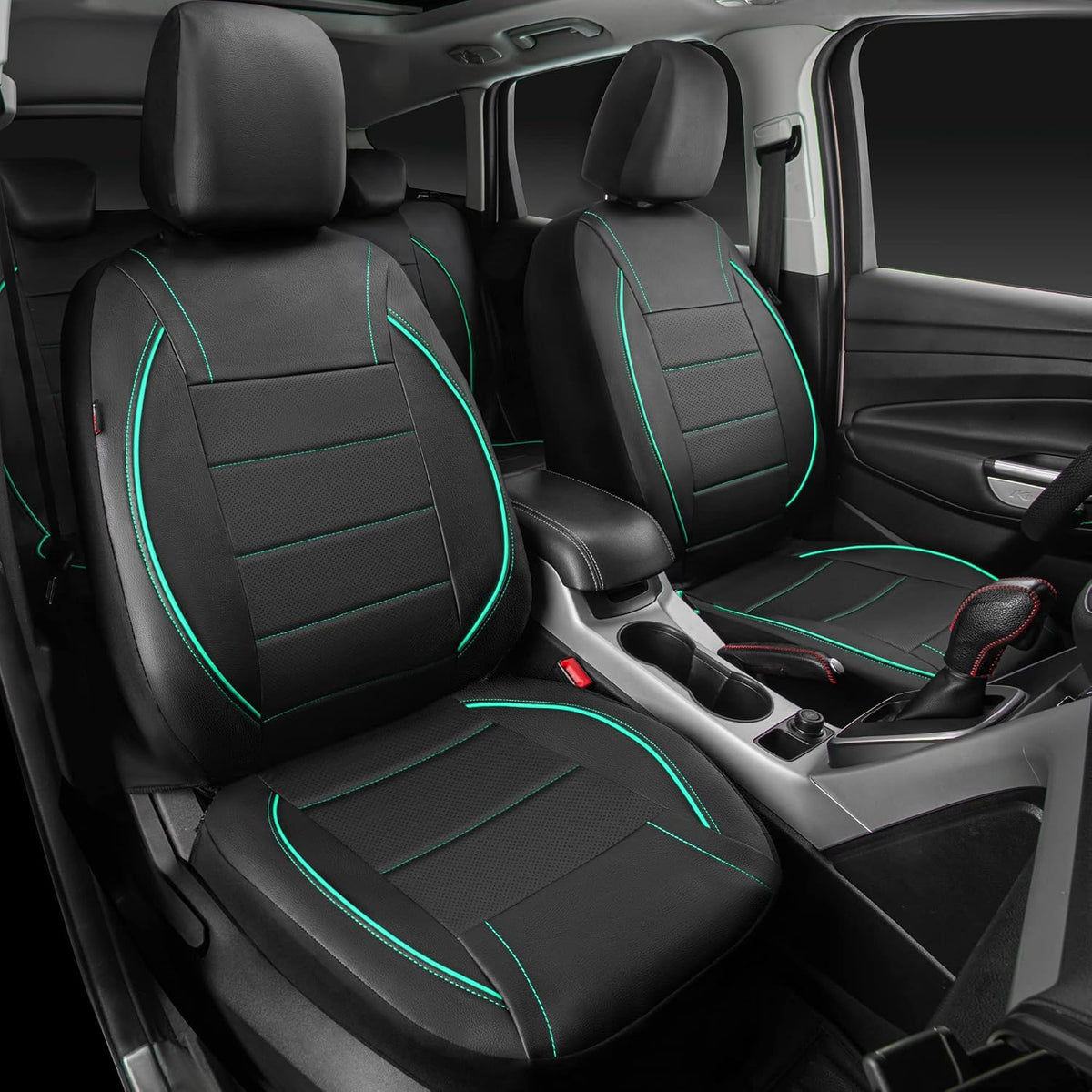 CAR PASS Universal FIT Piping Leather Two Front Seat Covers, Waterproof Faux Leather for SUV Sedan Van Truck, Airbag Compatible,Reserved Opening Holes for Headrest Covers. (Black red)