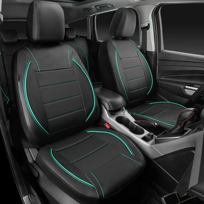 CAR PASS Universal FIT Piping Leather Two Front Seat Covers, Waterproof Faux Leather for SUV Sedan Van Truck, Airbag Compatible,Reserved Opening Holes for Headrest Covers. (Black red)
