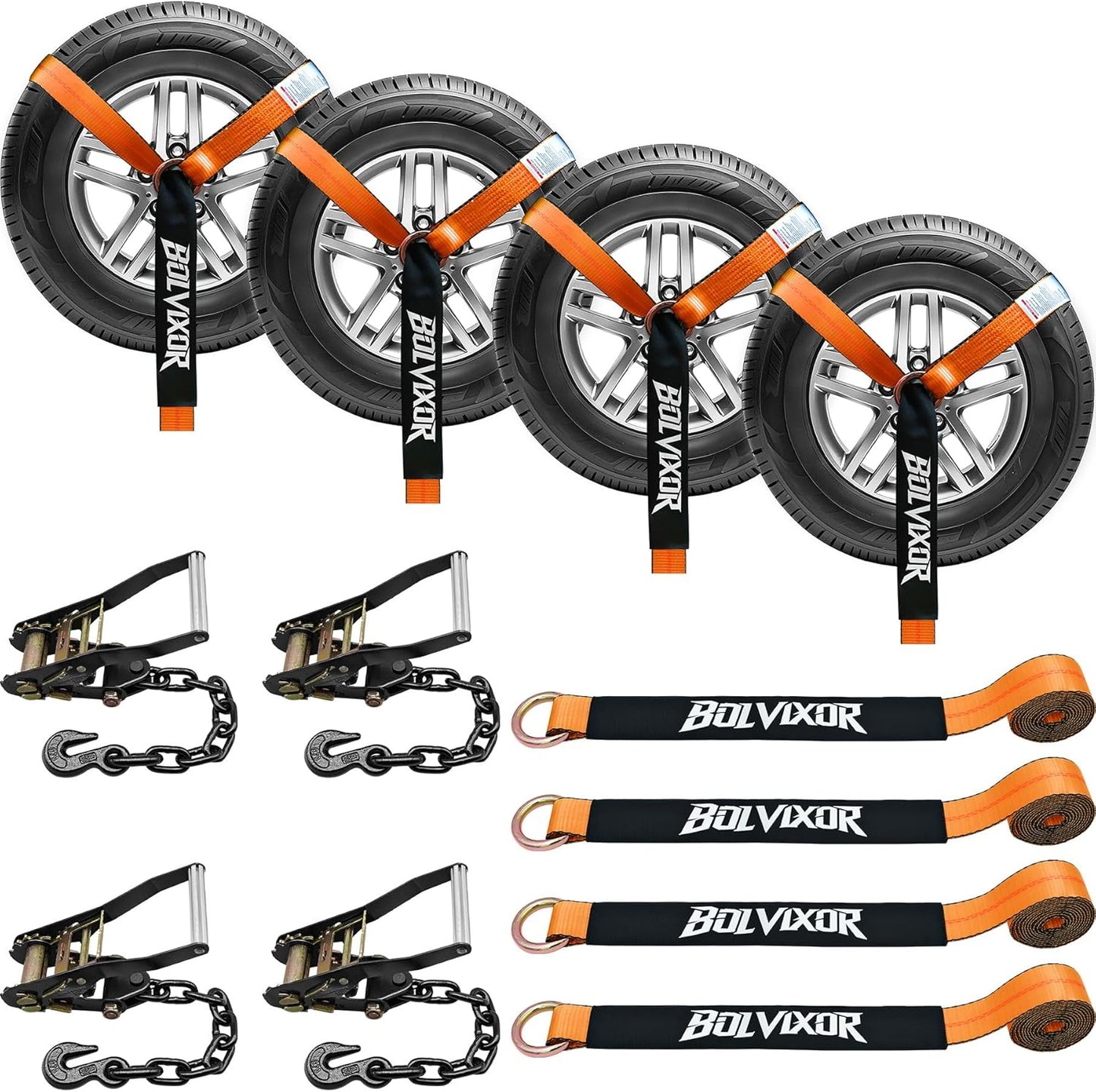 4 Pack Car Tie Down Straps for Trailers - 2" x 96" - 9900LBS Break Strength - Tire Ratchet Straps with Heavy Duty Chain Anchors for Hauling UTV, SUV, Truck, Any Cars