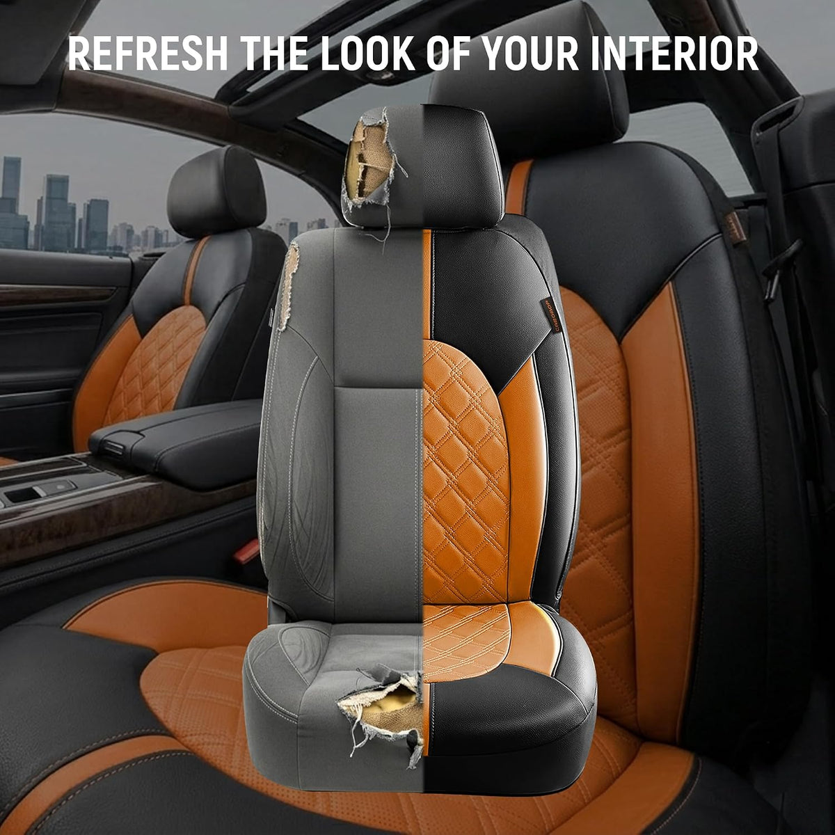 CAROMOP Luxury PU Leather Car Seat Covers Full Set-Waterproof Seat Protectors with Split Bench Seat Covers for Cars-Universal Cars Interior Covers for Sedans, SUVs, Pick-up Trucks(Gray/Gray Line)