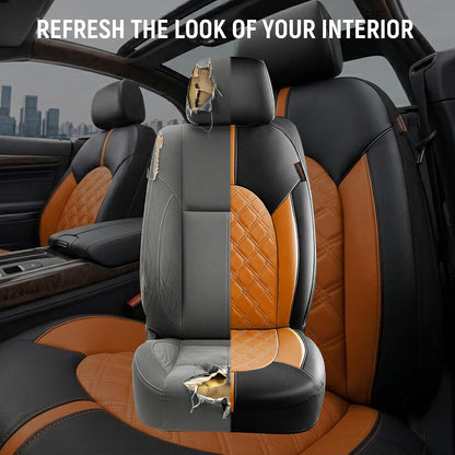 CAROMOP Luxury PU Leather Car Seat Covers Full Set-Waterproof Seat Protectors with Split Bench Seat Covers for Cars-Universal Cars Interior Covers for Sedans, SUVs, Pick-up Trucks(Gray/Gray Line)