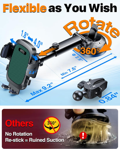 2026 Ultimate Best【True Military-Grade & Safety Cert】Car Phone Holder HTU【Upgraded 360 Rotation & 100+LBS Strongest Suction】5-in-1 Truck Windshield Dashboard Vent Mount Stand for iPhone Android, Black
