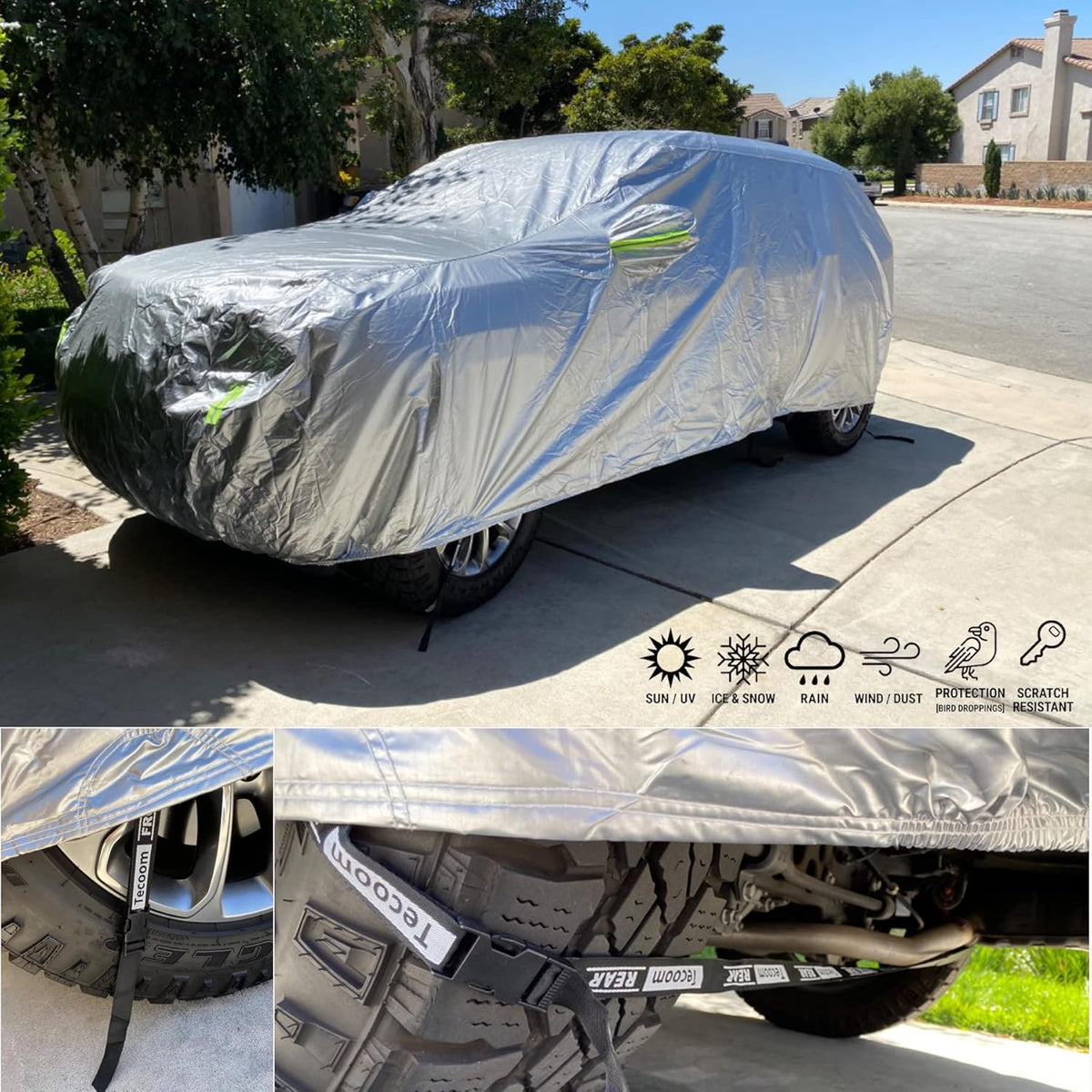 Tecoom Heavy Duty Multiple Layers Car Cover All Weather Waterproof Windproof Reflective Snow Sun Rain Protective Outdoor with Buckles and Belt Fit 191-200 Inches Sedan