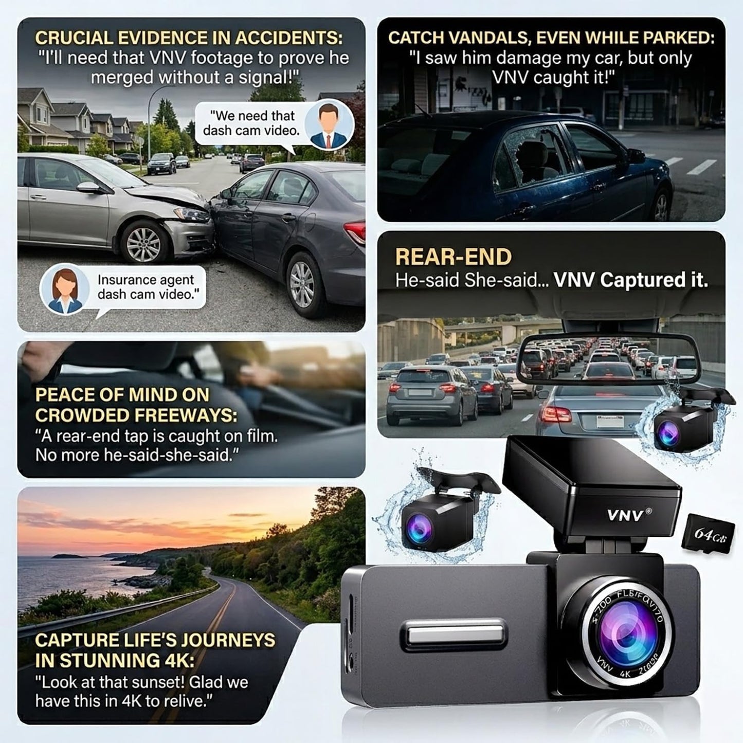 VNV 4K+2.5K Dash Cam Front and Rear, GalaxyCore Sensor, Free 64GB Card Included, Built-in WiFi App Control, Dash Camera for Cars with WDR Night Vision,170°Wide Angle, 24H Parking Mode, 2" IPS, S-V200