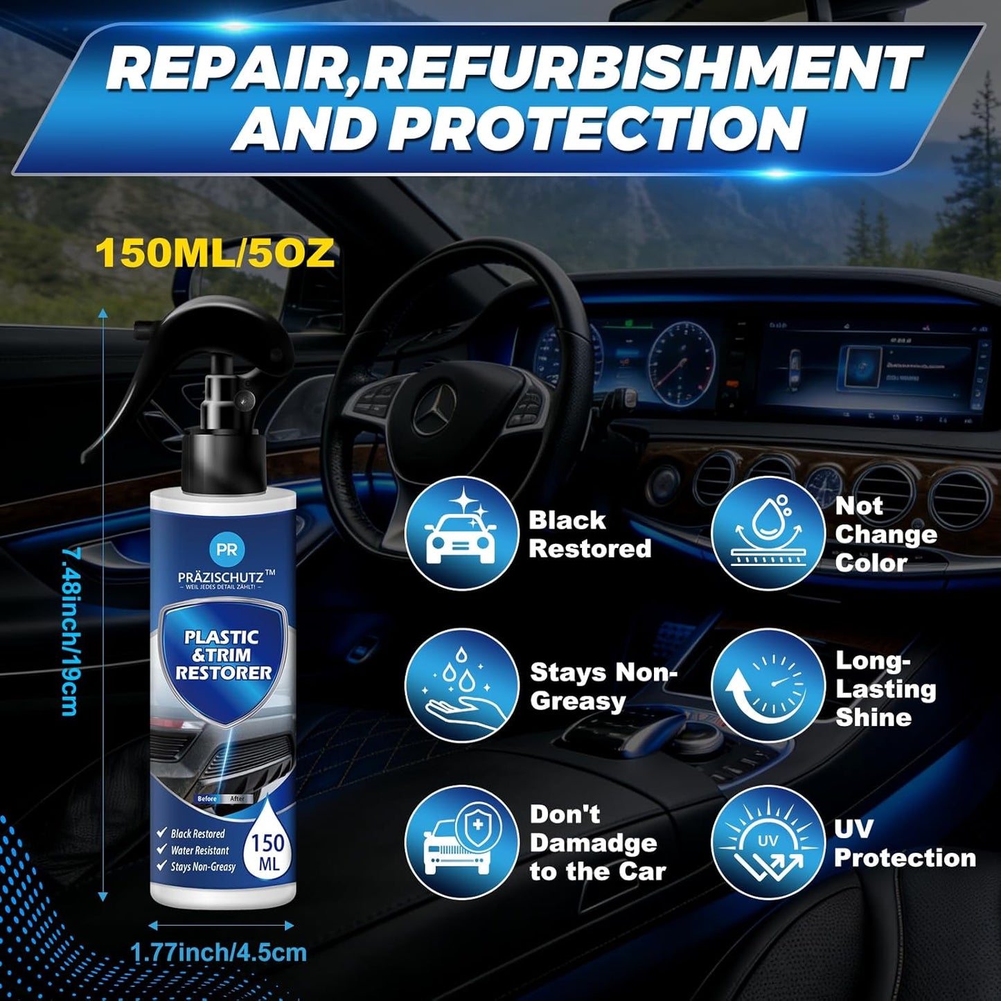 Plastic Restorer for Cars, Removes Yellowing & Dirt, Restores Shine & Gloss, Deep Nourishment & Long-Lasting Protection, Easy to Use, Affordable Automotive Plastic Care-150ml