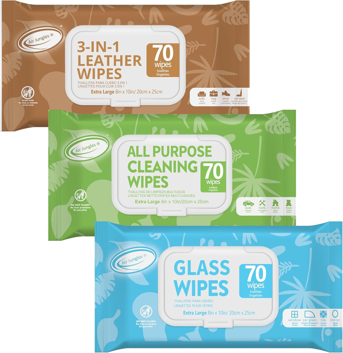 Air Jungles 3in1 Leather Cleaner Wipes 70 Count, Extra Large 8" x 10" Size, Clean Condition Protect Wipes for Vinyl and Leather Apparel Furniture Auto Car Interior Shoes Boots Bags