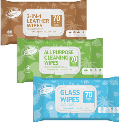 Air Jungles 3in1 Leather Cleaner Wipes 70 Count, Extra Large 8" x 10" Size, Clean Condition Protect Wipes for Vinyl and Leather Apparel Furniture Auto Car Interior Shoes Boots Bags