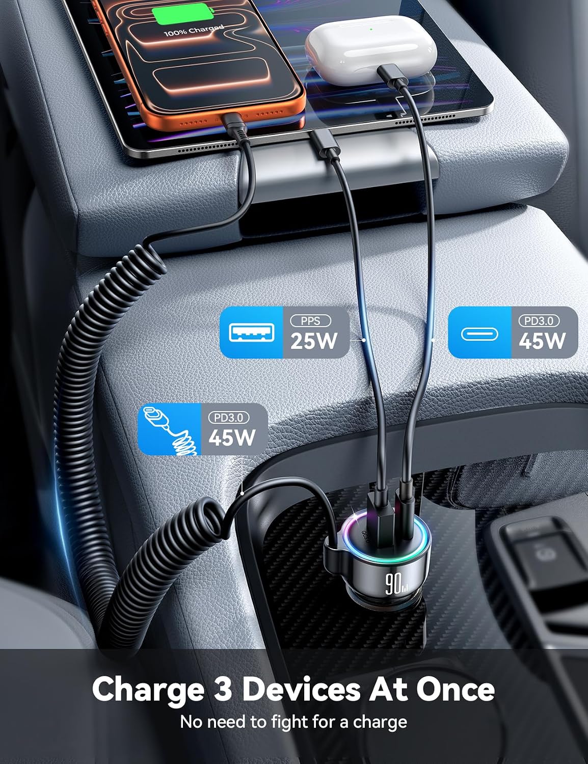 USB C 90W Car Charger for iPhone 17/16 Pro Max, PD & QC3.0 w/5 ft 45W Type Coiled Cable, Fast Car Phone Charger Adapter for iPhone 17Air/15 Pro, Samsung Galaxy S26/S25/S24, Pixel 10/LG/Android, iPad