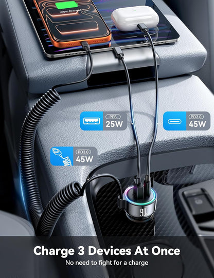 USB C 90W Car Charger for iPhone 17/16 Pro Max, PD & QC3.0 w/5 ft 45W Type Coiled Cable, Fast Car Phone Charger Adapter for iPhone 17Air/15 Pro, Samsung Galaxy S26/S25/S24, Pixel 10/LG/Android, iPad