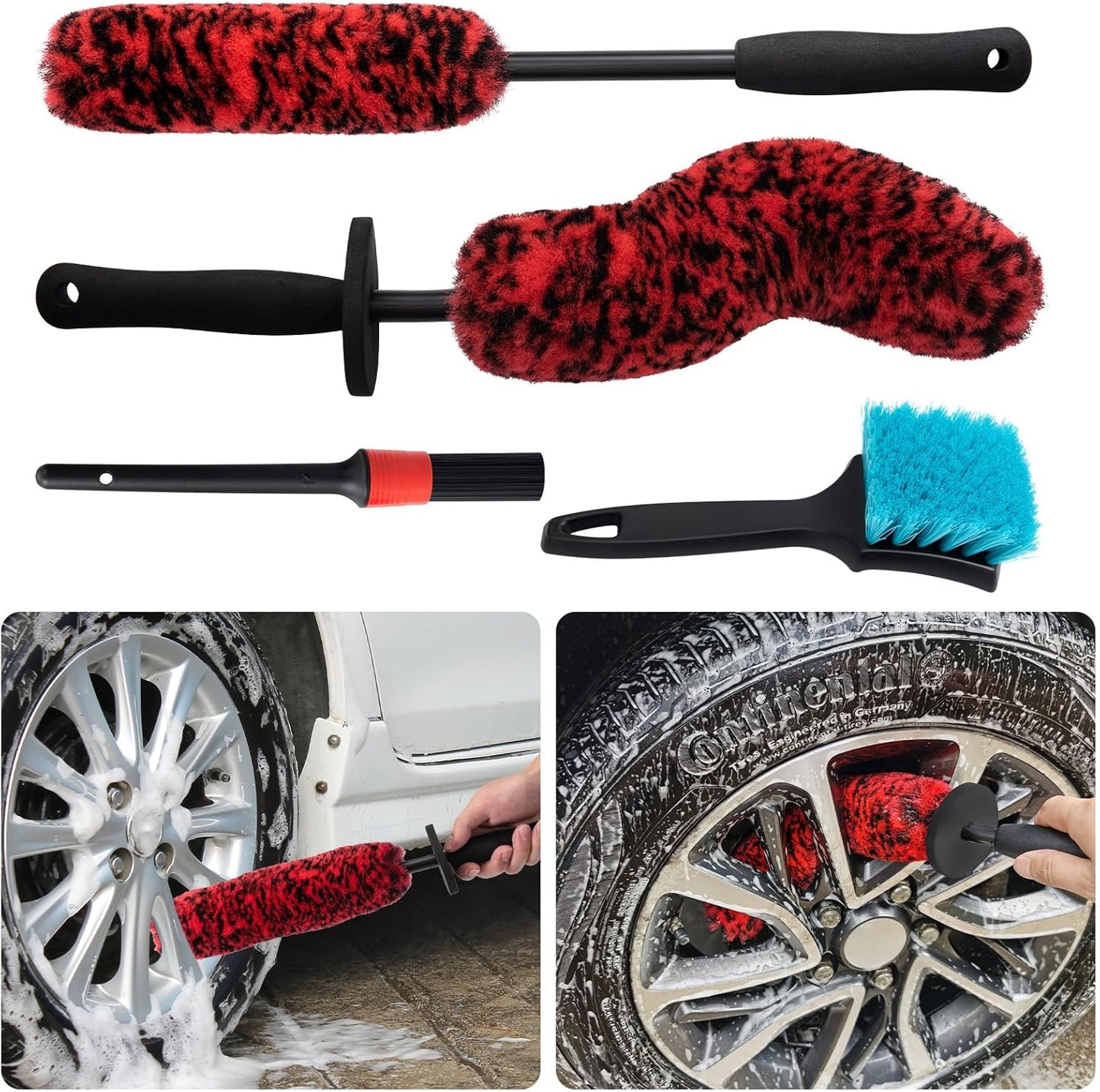 4 Pack Wheel Tire Cleaning Brush Kit Cars Motorcycles RVs Trucks Rim Hub Ultra Soft Microfiber No Spatter 360 Bendable Synthetic Woolies Wash Vehicles Bristle Set