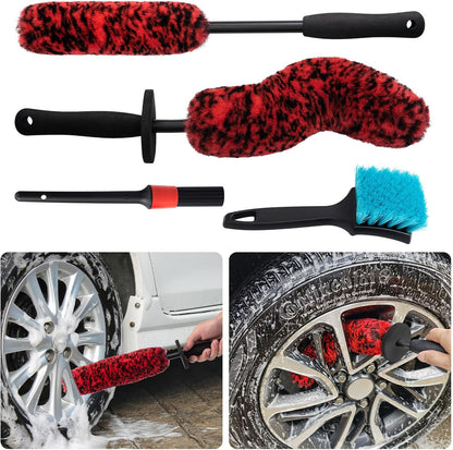 4 Pack Wheel Tire Cleaning Brush Kit Cars Motorcycles RVs Trucks Rim Hub Ultra Soft Microfiber No Spatter 360 Bendable Synthetic Woolies Wash Vehicles Bristle Set