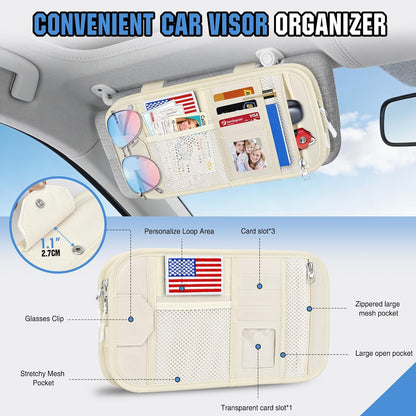 HUANLANG Car Sun Visor Organizer, Tactical Car Accessories with Zipper Storage Pouch, Glasses Clip Card Sleeve Pocket, Multi-Pocket Visor Organizer Fits Most Cars, SUVs, Trucks