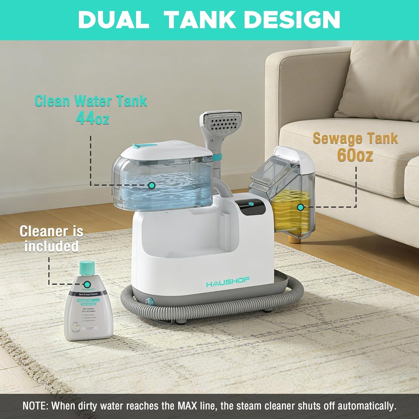 HAUSHOF 3-in-1 Steam Portable Carpet and Upholstery Cleaner Machine, Instant Heating Portable Carpet Cleaner with Steam & HotWater & Cold Water System, Steam Vacuum Cleaner for Cars, Furniture, Couch