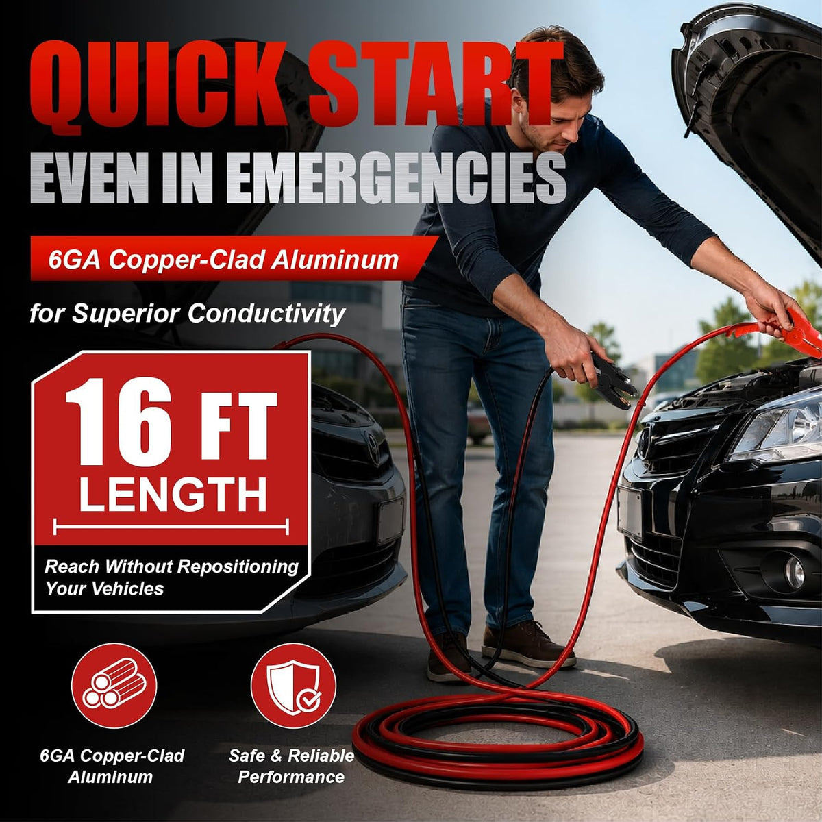 Jumper Cables for Car,8 Gauge 12 Feet Heavy Duty Booster Cable,Quick Connect Automotive Wires with Alligator Clamps,Carrying Bag for Cars Trucks