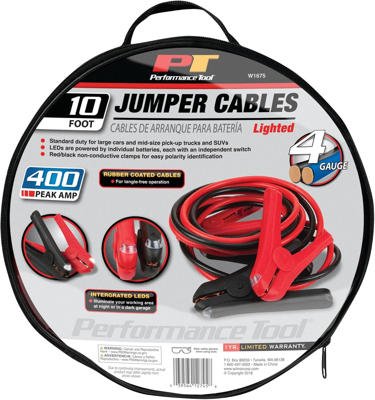 Performance Tool W1675 10ft 4GA Lighted Jumper Cables - Tangle-Free, Heavy Duty Clamps, Suitable for Trucks, SUVs, and Other Large Vehicles