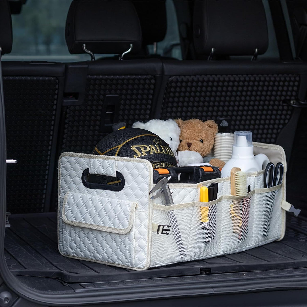 JiatuA Car Trunk Organizer for SUV, Car Storage Organizer Collapsible Multi Compartment Container Box Adjustable Car Accessories for Women Men, Beige