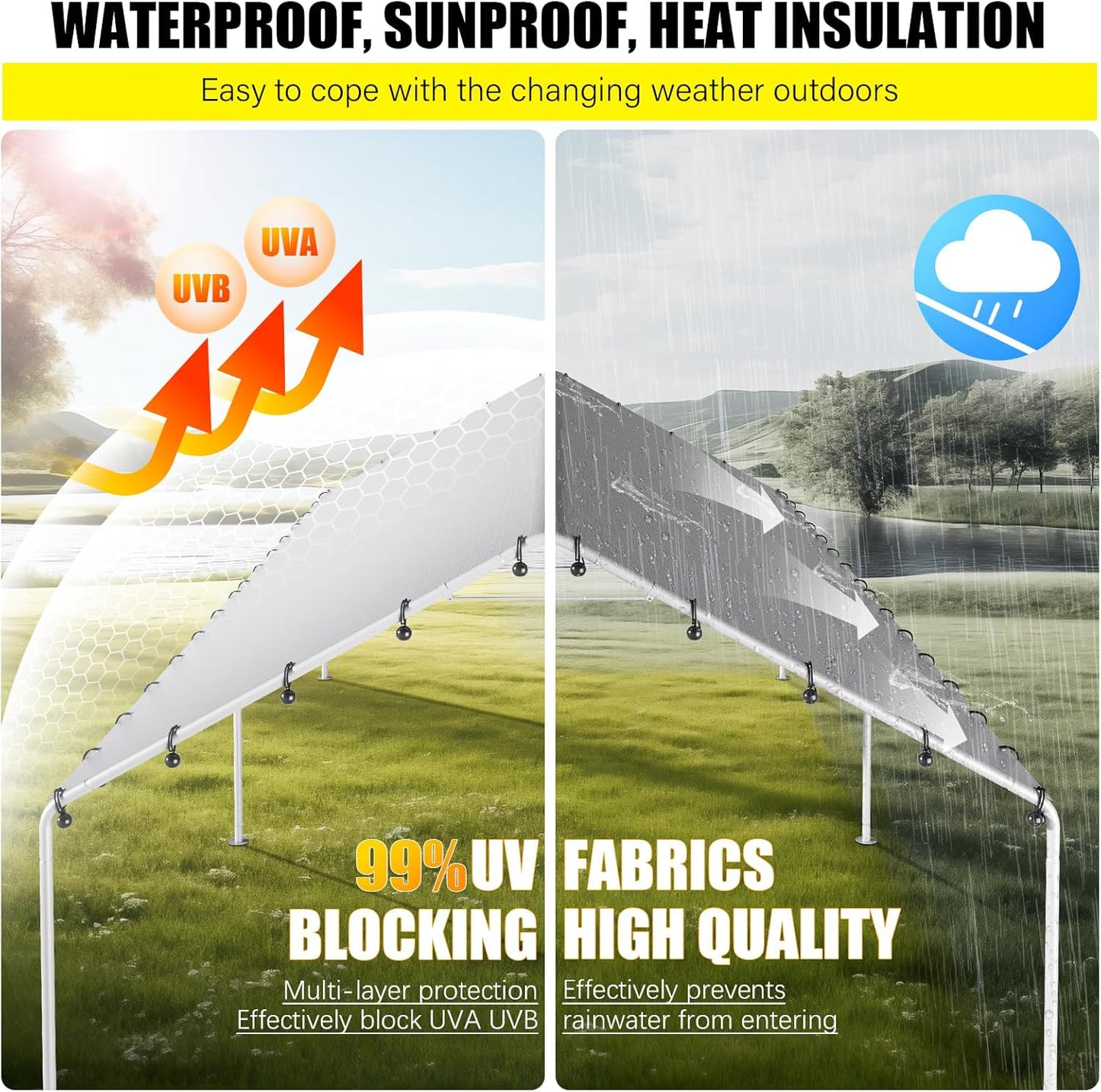 10 x 20 Ft Carport Replacement Canopy Cover Garage Top Tent Shelter Tarp with Free 48 Ball Bungee Cords,White(Only Cover, Frame Not Include)