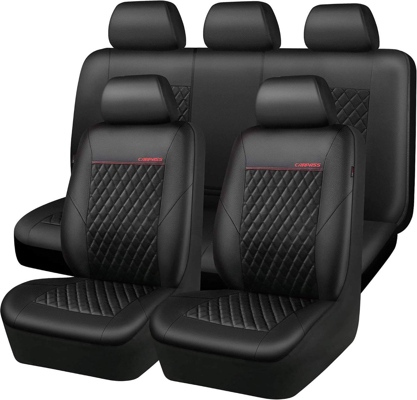 CAR PASS Quilting Leather Seat Cover Two Front Seats Only, Universal Fit Automotive Front Seat Covers Waterproof Deluxe PU Premium Vinyl Luxury for Cars Sedan Van SUV Airbag Compatible 2 Pieces,Black