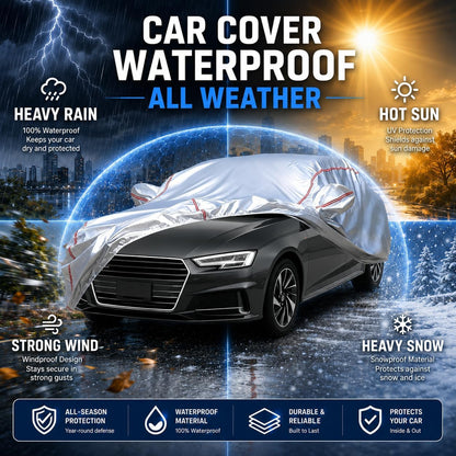 Car Cover for Sedan, Waterproof All Weather Heavy Duty, 360° Underbody Wrap Windproof Design, Quick Install Outdoor Vehicle Cover, Fits 186-193 in