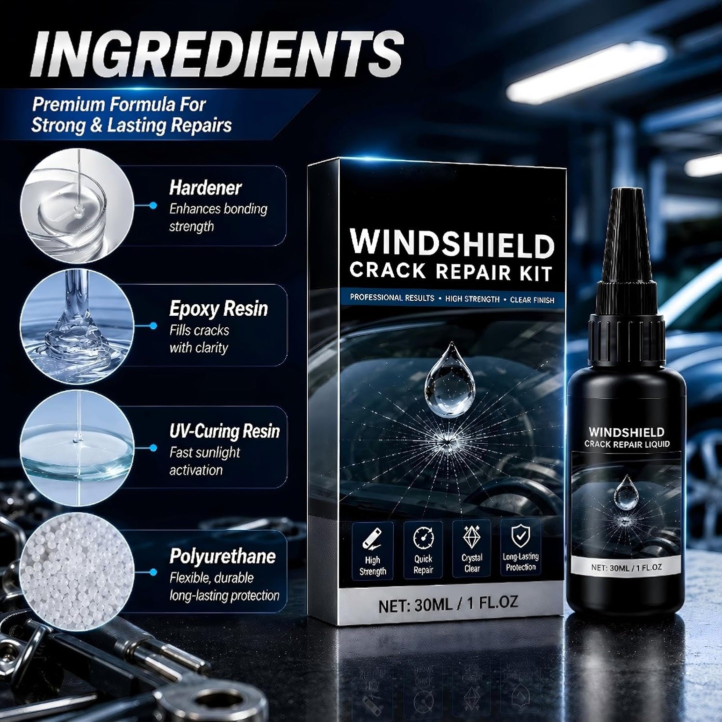 Windshield Crack Repair Kit, 2026 New Upgrate Windshield Repair Kit for Chips and Cracks with 30ml Glass Repair Liquid 1 Towel 1 Blade 5 Curing Films, Cracks Gone Glass Repair Kit (1 Black)