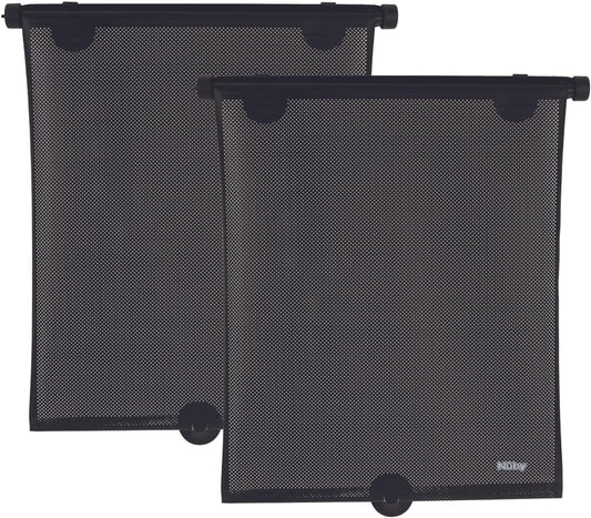 Nuby 14" Roller Vehicle Side Window Sun Protection Shade for Baby | 2 Pack | Pull Down with Suction Cups and Press Button Roll Up | Black