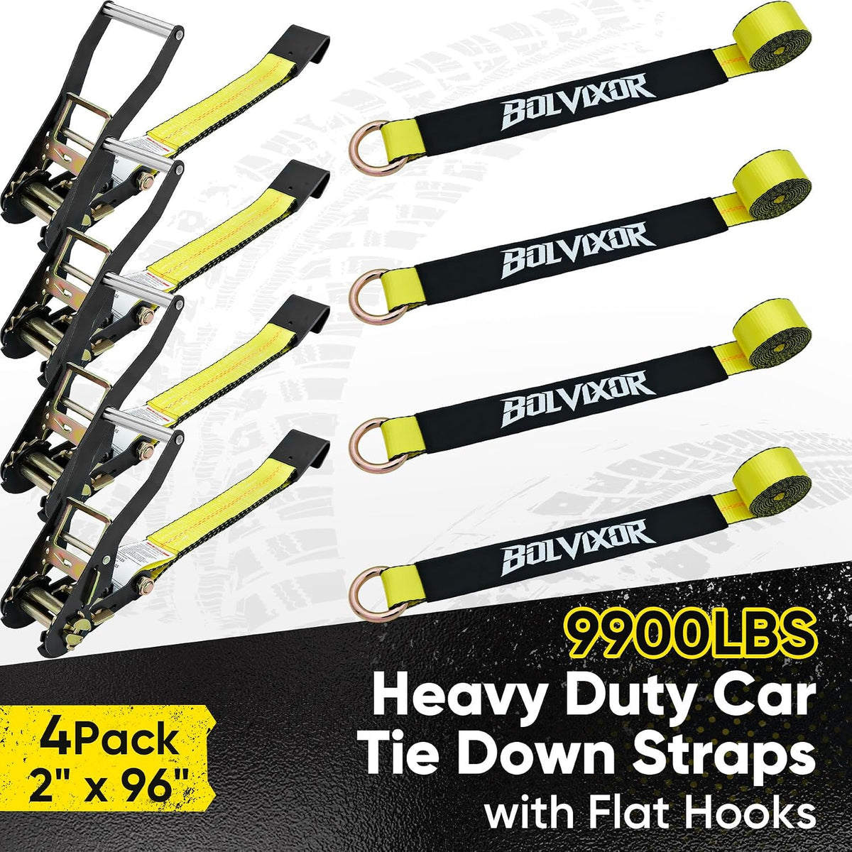 4 Pack Car Tie Down Straps for Trailers - 2" x 96" - 9900LBS Break Strength - Heavy Duty Tire Ratchet Straps with Flat Hooks for Hauling UTV, SUV, Truck, Any Cars