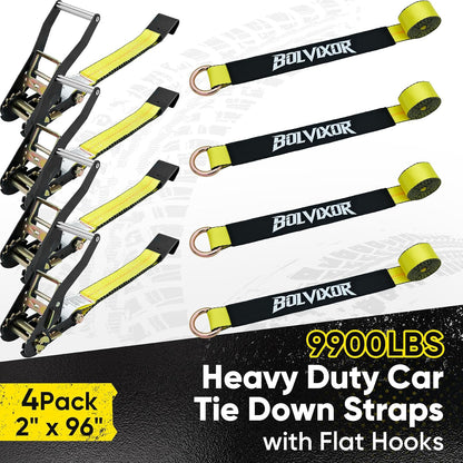 4 Pack Car Tie Down Straps for Trailers - 2" x 96" - 9900LBS Break Strength - Heavy Duty Tire Ratchet Straps with Flat Hooks for Hauling UTV, SUV, Truck, Any Cars