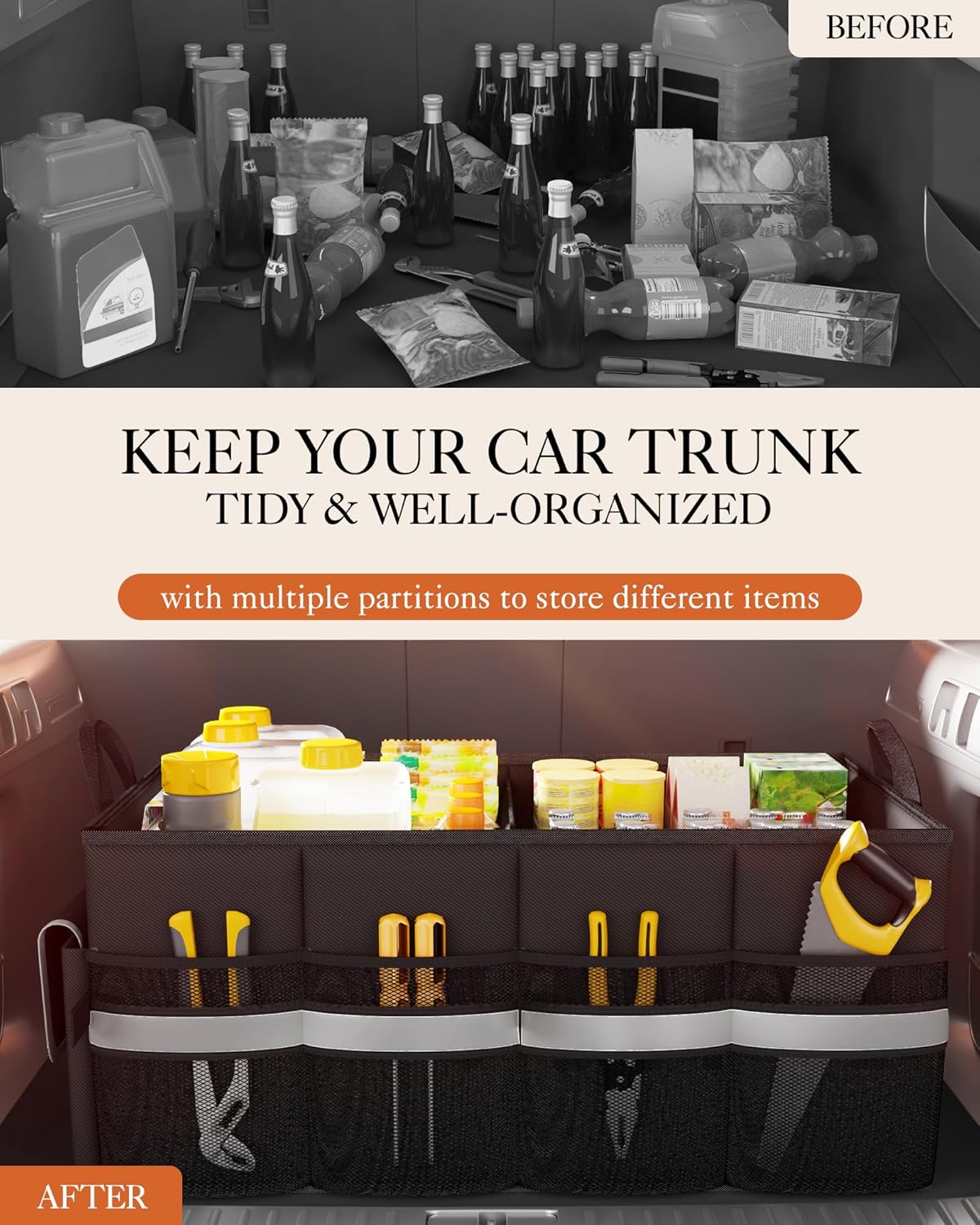 HOTOR Trunk Organizer - Car Organizer with 5 Pockets, Trunk organizer for SUV, Sedan & Van, Car Organization with Sturdy Base Panel for Car Accessories, Black, 2 Compartments, 21.3"×12.6"×10.6"