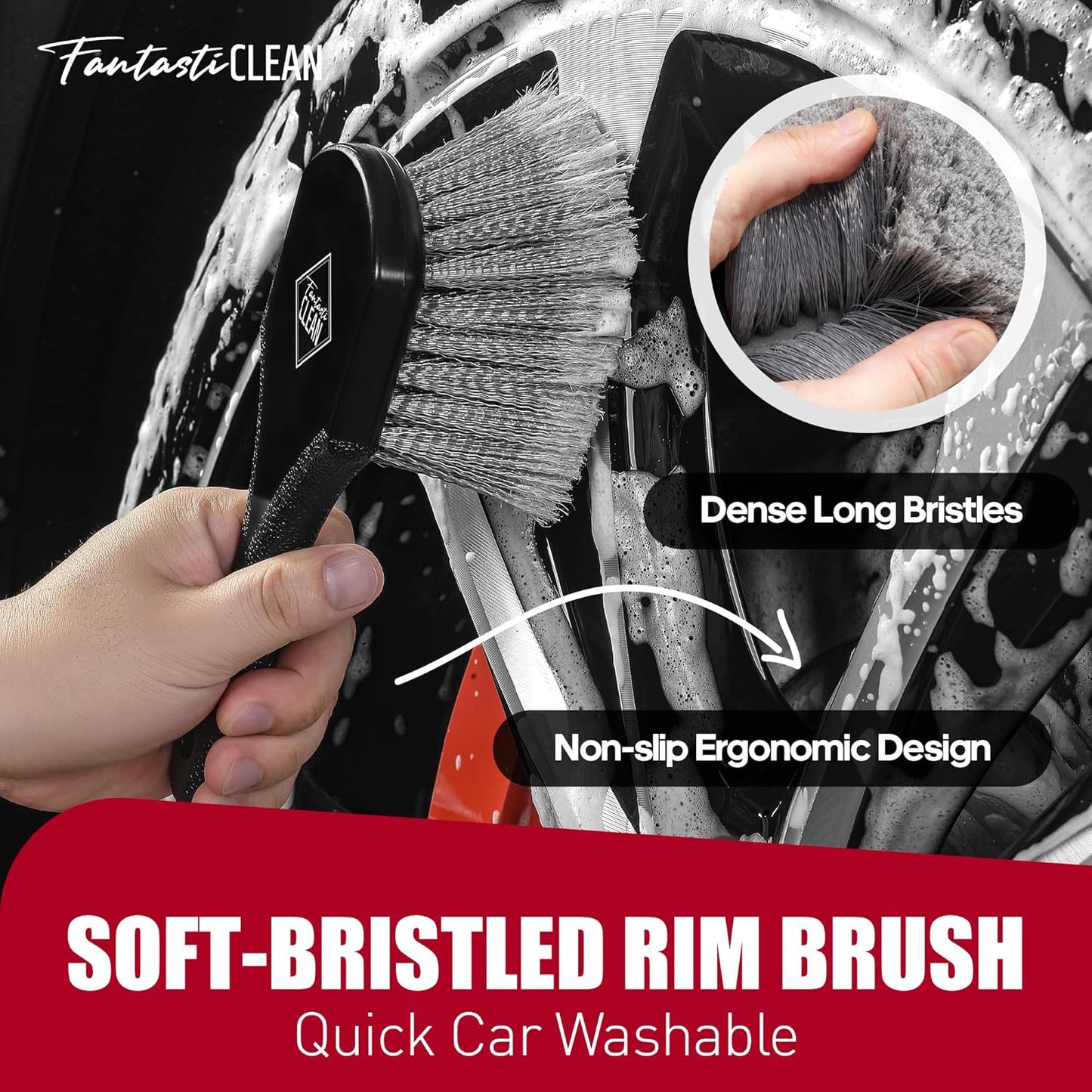 Fantasticlean 7PCS Car Wheel Brush Kit, Tire Brush for Car Owners & Auto Detailers, Soft-bristled Rim Brush, Flat Wheel Brush, Double-Ended Detailing Brush and Pads for Home Shop, Cars Trucks RVs
