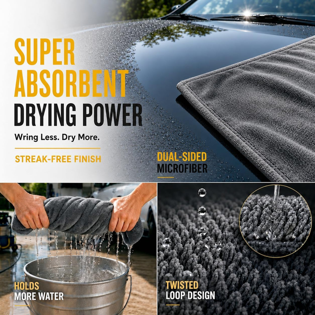 1400 GSM Car Drying Towels – XXL Microfiber Towels for Cars (48" x 24"), Ultra-Absorbent, Streak-Free, Scratch-Free, No Water Spots, Double-Twist Pile & Edgeless Design