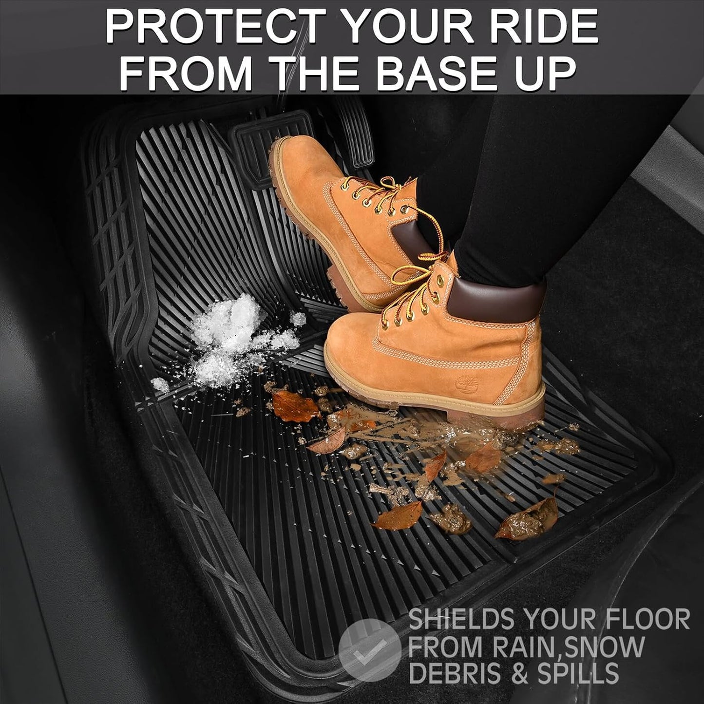 CAR PASS Rubber Floor Mats, All Weather Waterproof Trim-to-Fit Automotive Mats for Cars Trucks SUV, Anti-Slip Easy Clean, Heavy Duty Full Set 3-Piece, All Black