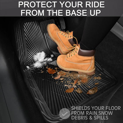 CAR PASS Rubber Floor Mats, All Weather Waterproof Trim-to-Fit Automotive Mats for Cars Trucks SUV, Anti-Slip Easy Clean, Heavy Duty Full Set 3-Piece, All Black