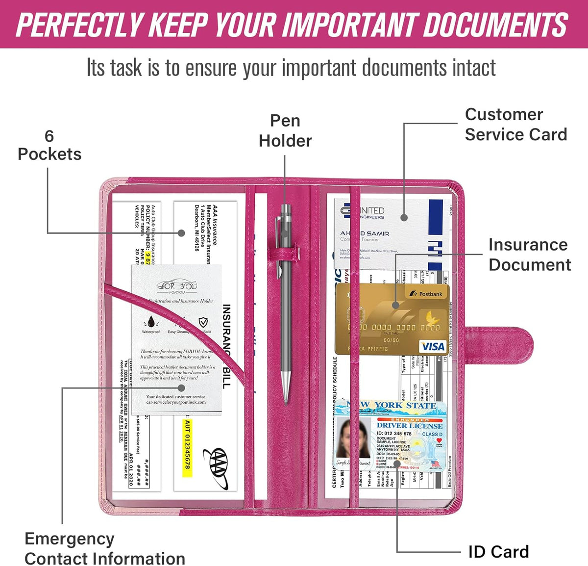 foryou Car Registration and Insurance Holder Car Document Holder Registration and Insurance Card Holder for Cards, Driver License & other Essential Documents(Purple Pink)