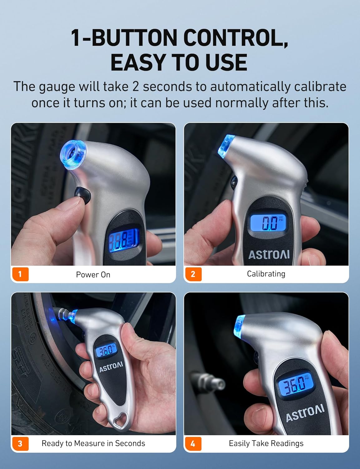 AstroAI Digital Tire Pressure Gauge 0-150PSI Calibrated to ANSI B40.7 +/-1PSI, Accurate in 0.1 Increments, Tire Repair Tools 4 Pressure Measurements for Car Truck with Backlight LCD, Silver