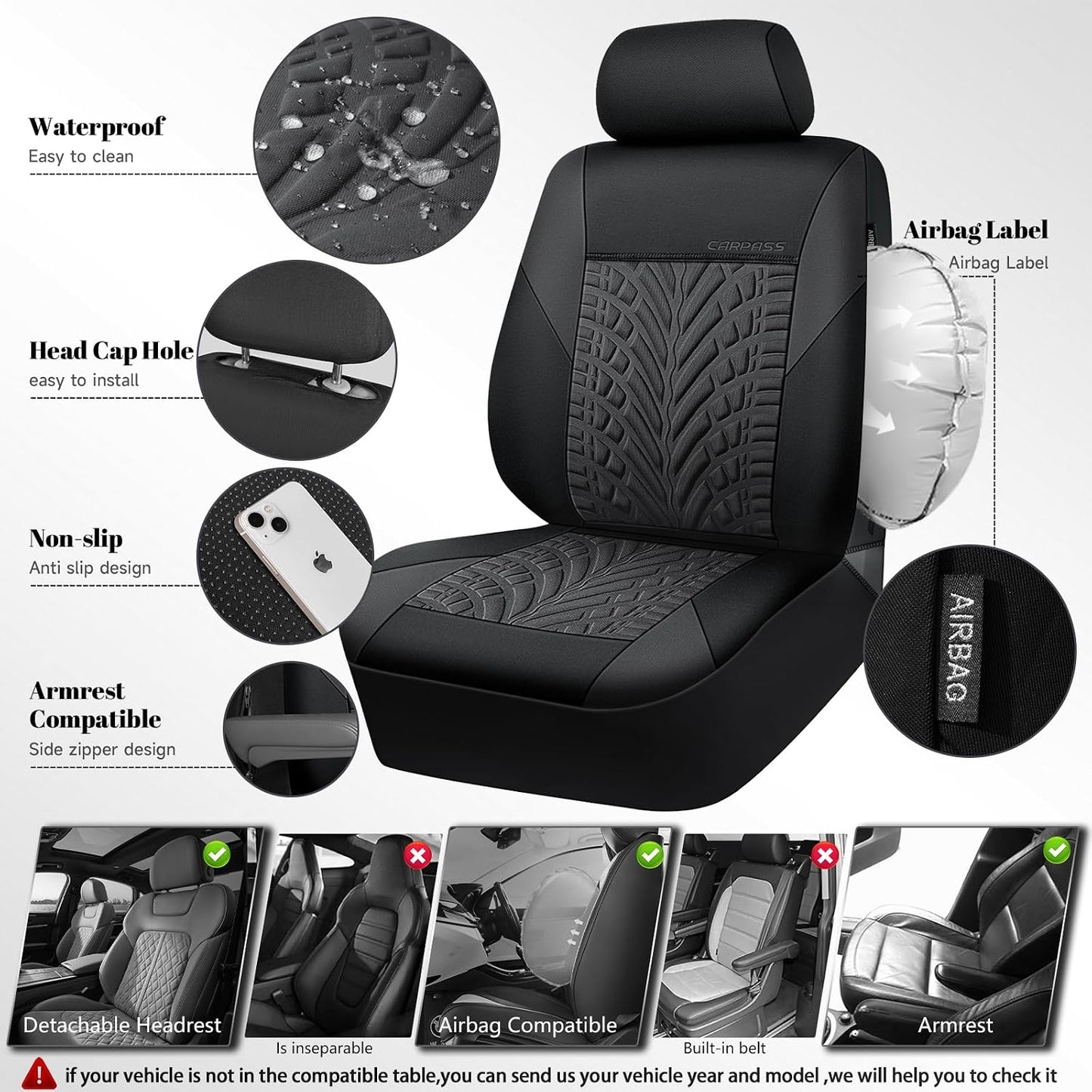 CAR PASS Car Seat Covers Full Sets, Front & Split Rear Bench for Car, 3D Tyre Embossed Automotive Interior Covers, Airbag Compatible, Quick Setup Universal Fit Seat Covers for Car, SUV(Charcoal)