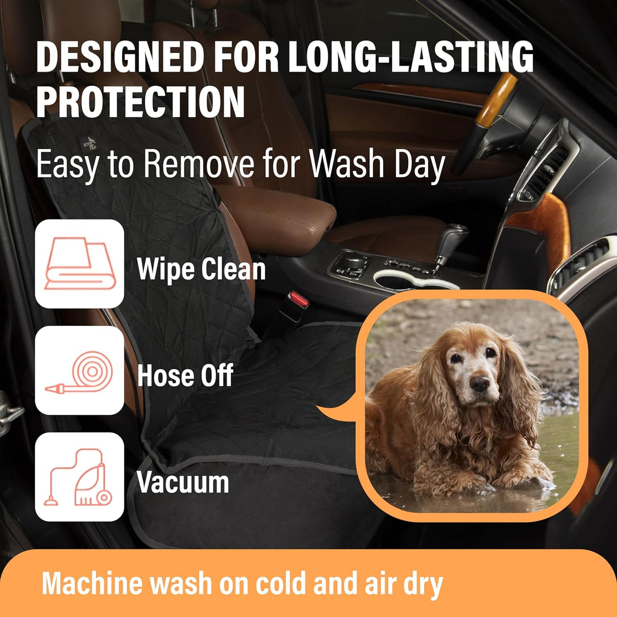 Active Pets Dog Car Seat Cover, Waterproof Front Seat Protector for SUV Truck Sedan, Pet Safety Travel Comfort System with Universal Fit, Black