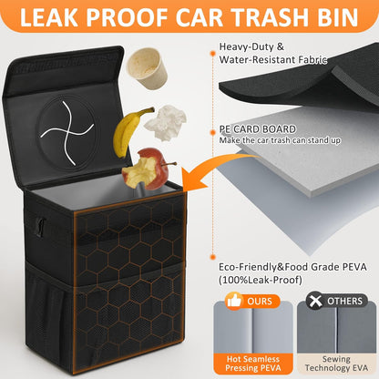 Vankor Car Trash Can Bin with Lid Hanging for Back Seat, Car Accessories for Women Men Leak Proof Automotive Garbage Cans Leakproof Vehicle Trash Can for Truck SUV Black