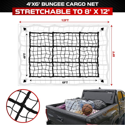 [Premium] 4'x6' Heavy Duty Cargo Net Stretches to 8' x 12', Extra Thick 10mm Cord Bungee Cargo Netting for Pickup Truck Bed, Roof Rack Net & 12 PCS Steel Carabiners