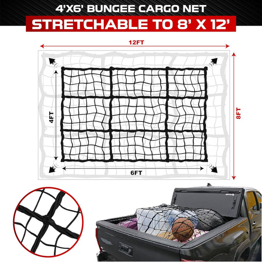 [Premium] 4'x6' Heavy Duty Cargo Net Stretches to 8' x 12', Extra Thick 10mm Cord Bungee Cargo Netting for Pickup Truck Bed, Roof Rack Net & 12 PCS Steel Carabiners