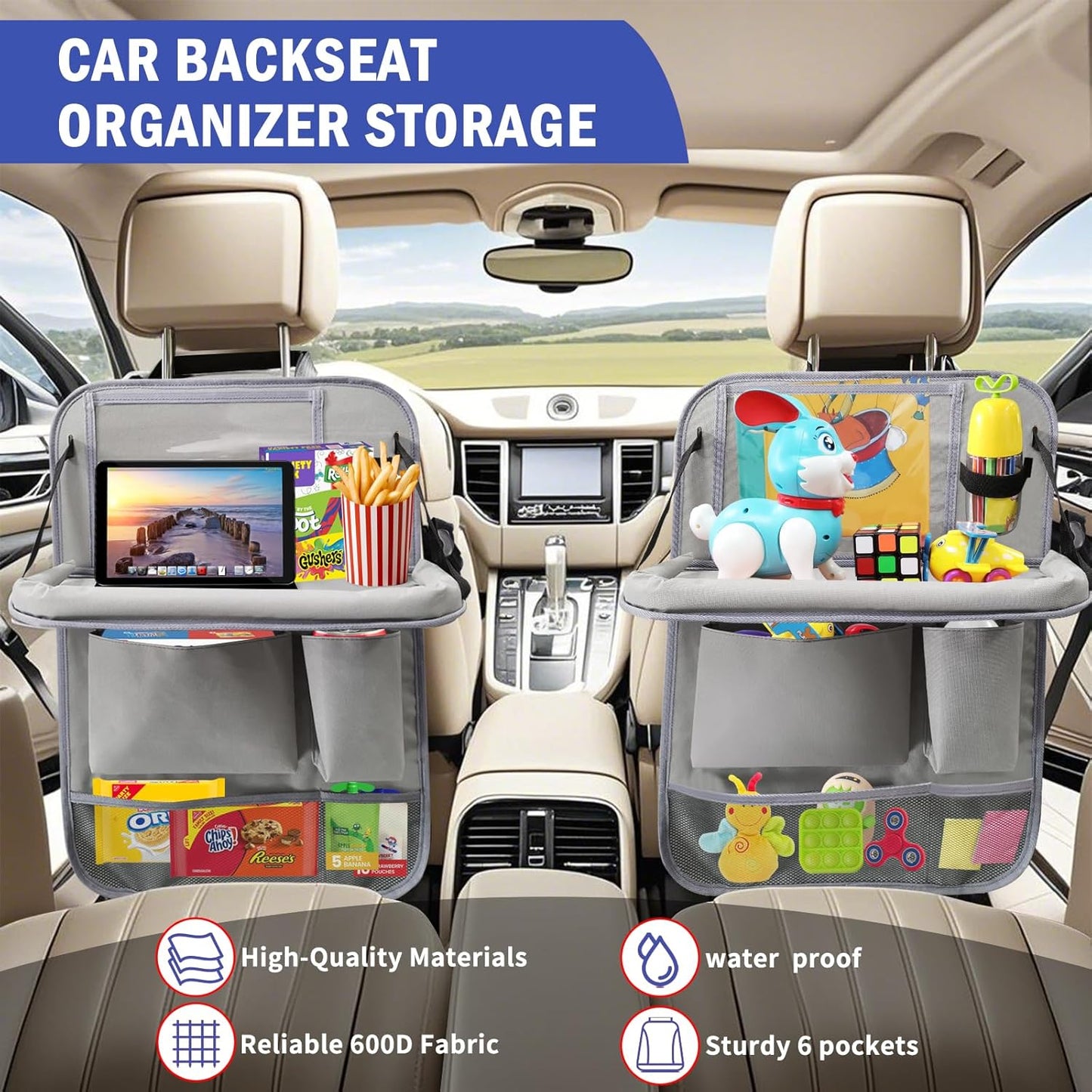 2Pack Car Backseat Organizer with Foldable Table Tray,6 Storage Pockets Car Storage Organizer with Tablet Holder,Car Seat Back Protectors Kick Mats Travel Accessories (Black)